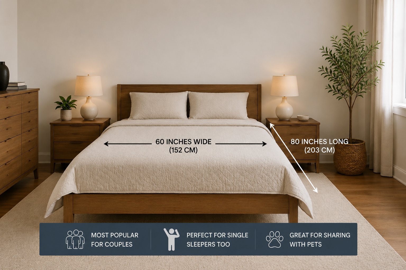 Standard queen-size bed in a modern bedroom with spacious layout and minimalist décor.