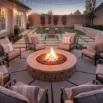 Cozy backyard fire pit area at dusk with glowing flames, outdoor chairs, soft lighting, and a warm inviting patio setting.