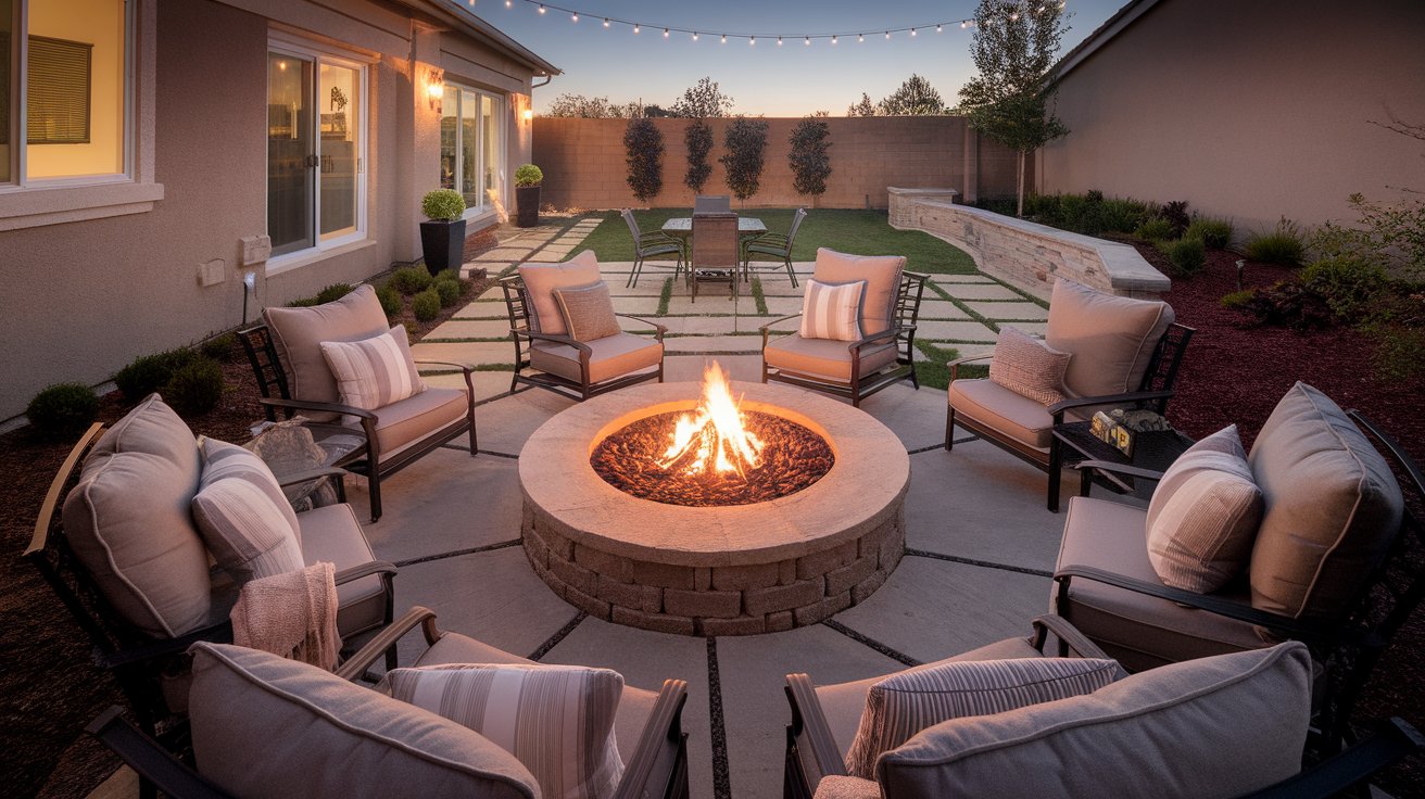 Cozy backyard fire pit area at dusk with glowing flames, outdoor chairs, soft lighting, and a warm inviting patio setting.