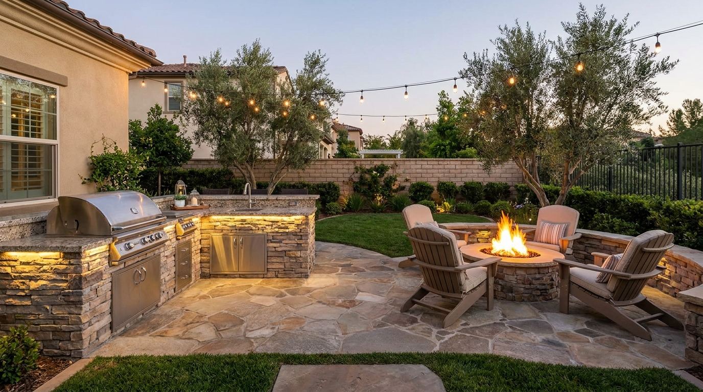 Outdoor kitchen with fire pit seating area on a spacious backyard patio designed for entertaining.