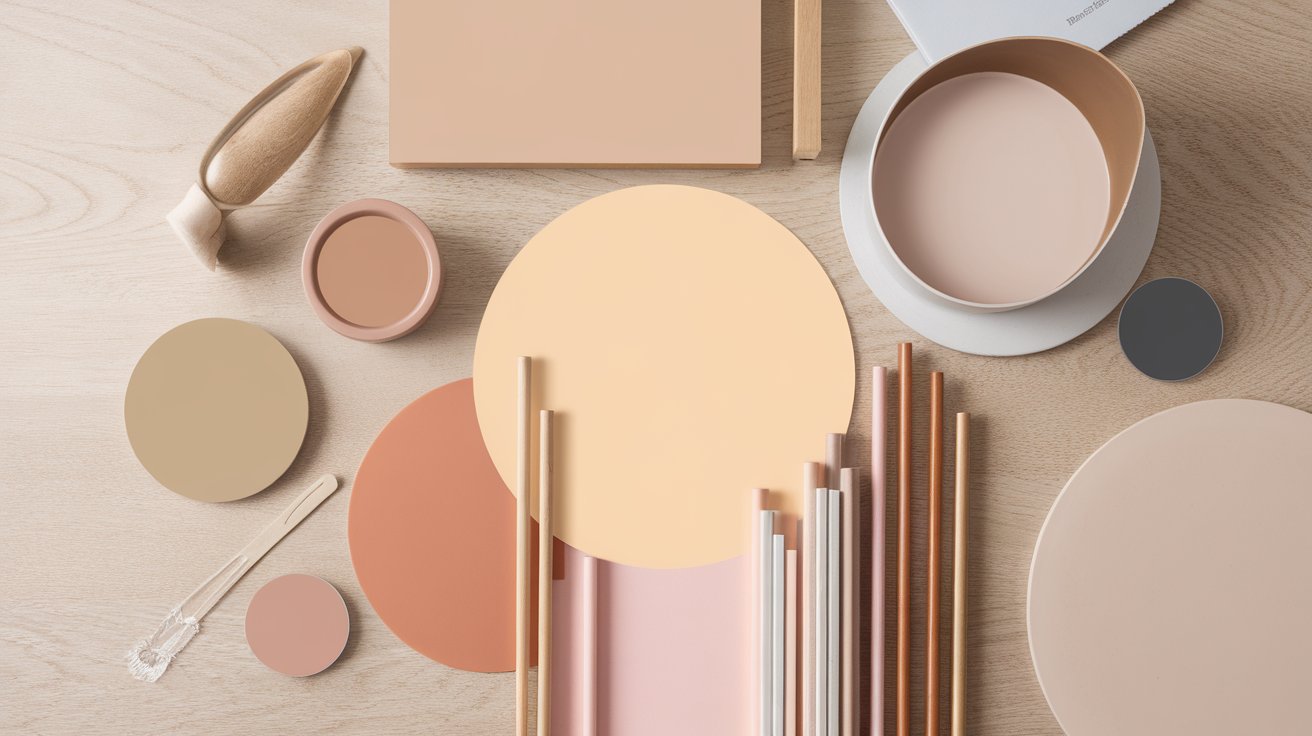 Benjamin Moore Pale Oak paint sample displayed with coordinating colors including White Dove, Revere Pewter, Hale Navy, October Mist, Kendall Charcoal, and other complementary neutral swatches.