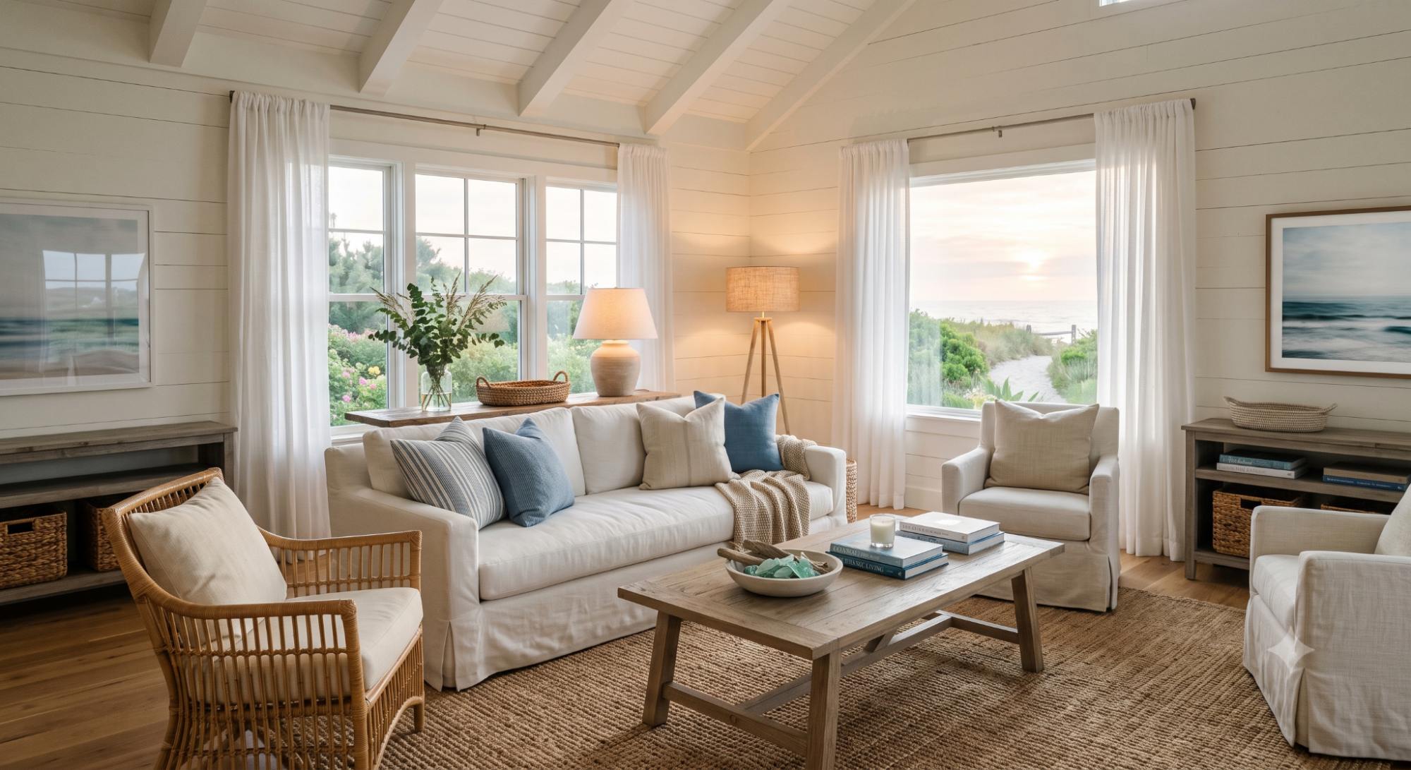 Relaxed coastal living room with a slipcovered sofa, jute rug, woven baskets, wood coffee table, soft blue pillows, and airy beach house styling.