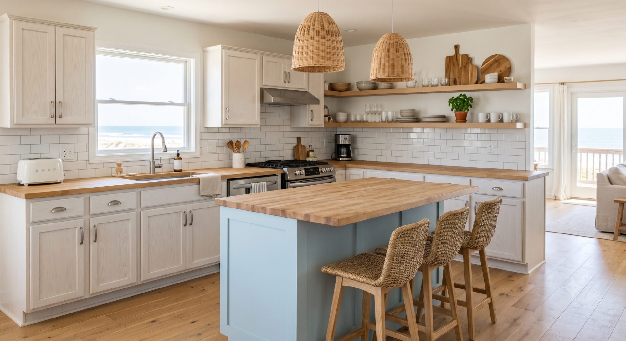 Beach house kitchen with white cabinets, light wood surfaces, woven pendants, open shelves, a blue island, and relaxed coastal styling.