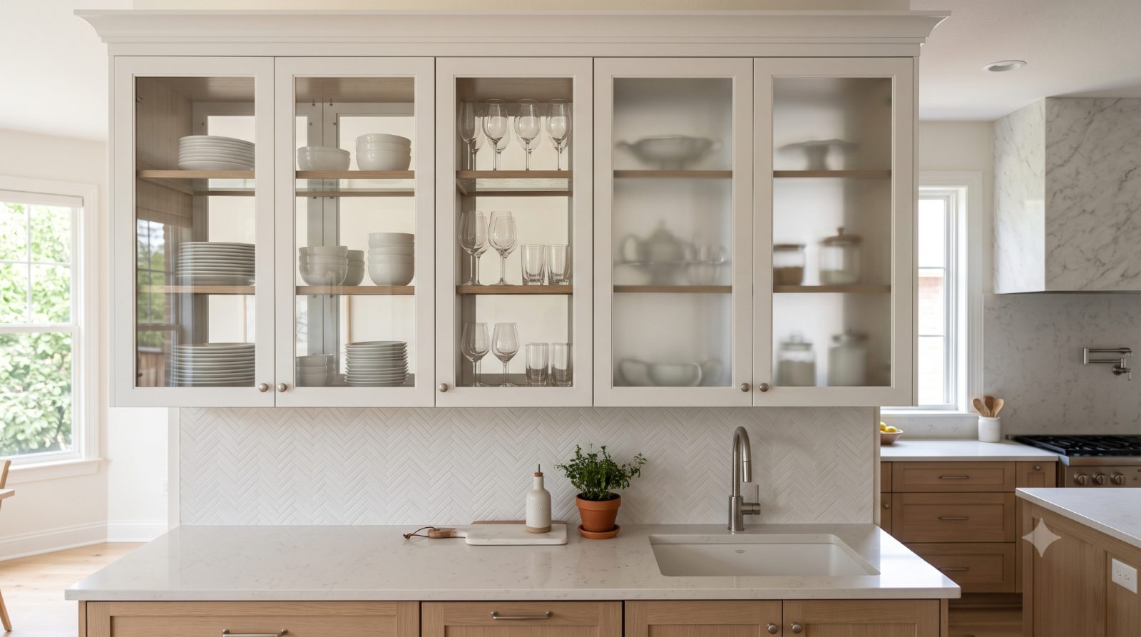 Realistic bright kitchen with glass-front cabinets, including clear and frosted glass doors, displaying neatly arranged dishes and reflecting natural light to make the space feel bigger and brighter.