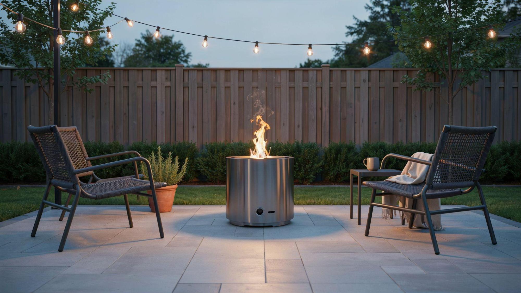 Smokeless portable fire pit with clean flames and outdoor chairs on a cozy backyard patio.