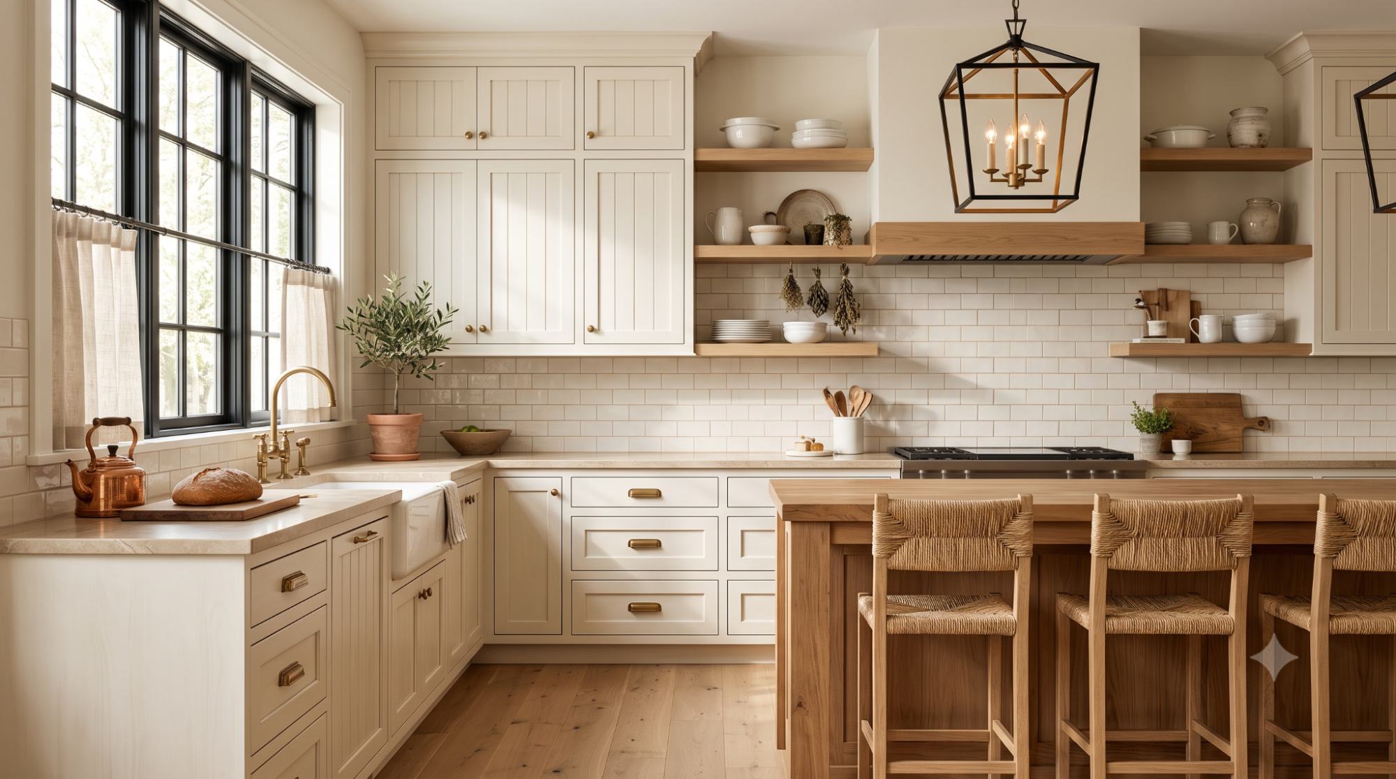 Warm kitchen with Swiss Coffee cabinets, brass hardware, warm white backsplash, and natural wood accents.