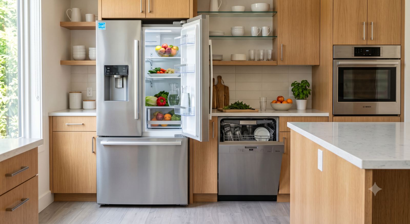 Realistic modern kitchen with energy-efficient refrigerator, dishwasher, and oven, showing clean appliances designed to use less electricity and water while keeping the space bright and practical.