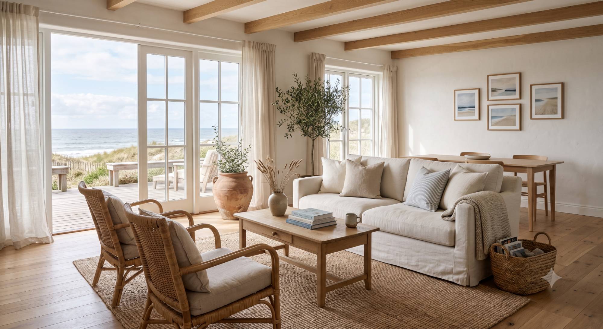 Relaxed beach house interior with simple coastal styling, linen furniture, natural textures, soft neutral colors, and an uncluttered lived-in feel.