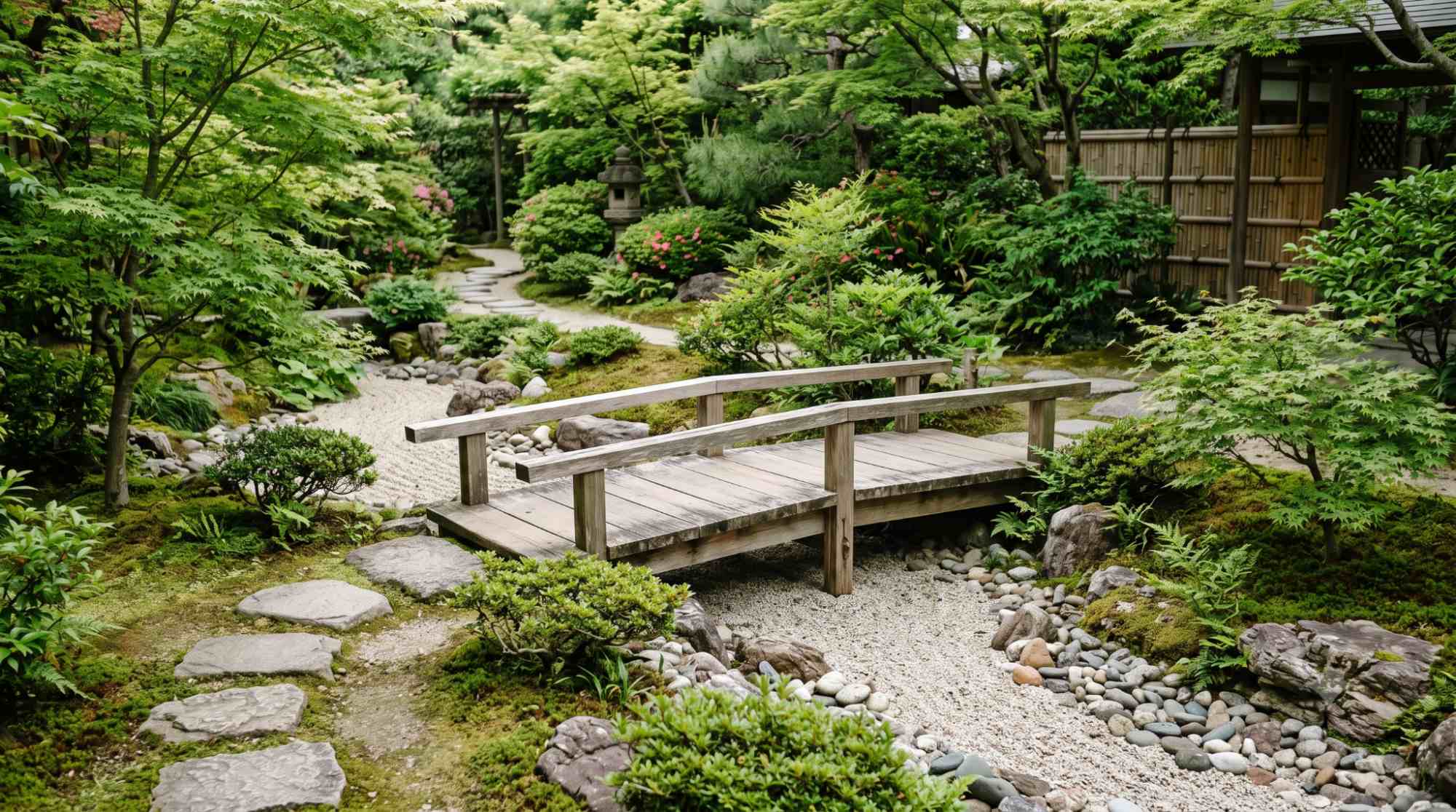 Simple natural wooden bridge crossing a dry gravel stream bed in a peaceful Japanese garden.