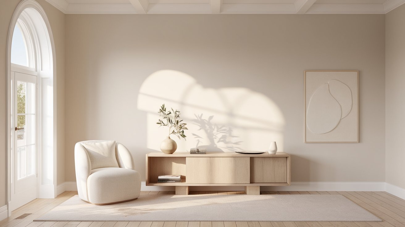 Benjamin Moore Pale Oak warm greige wall showing subtle beige and gray undertones in natural daylight with white trim and minimalist neutral decor.