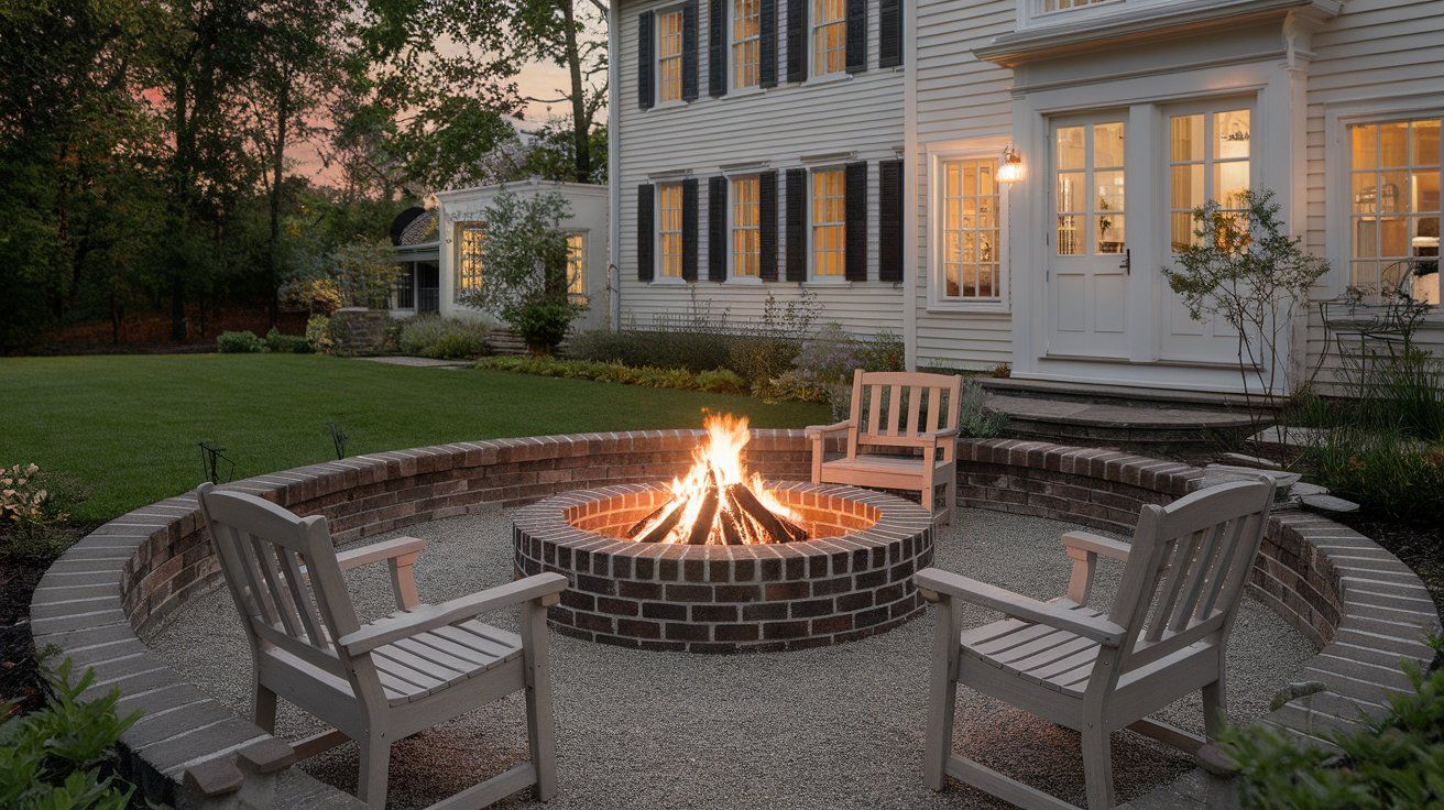 Brick fire pit with cozy seating in a classic traditional-style backyard.