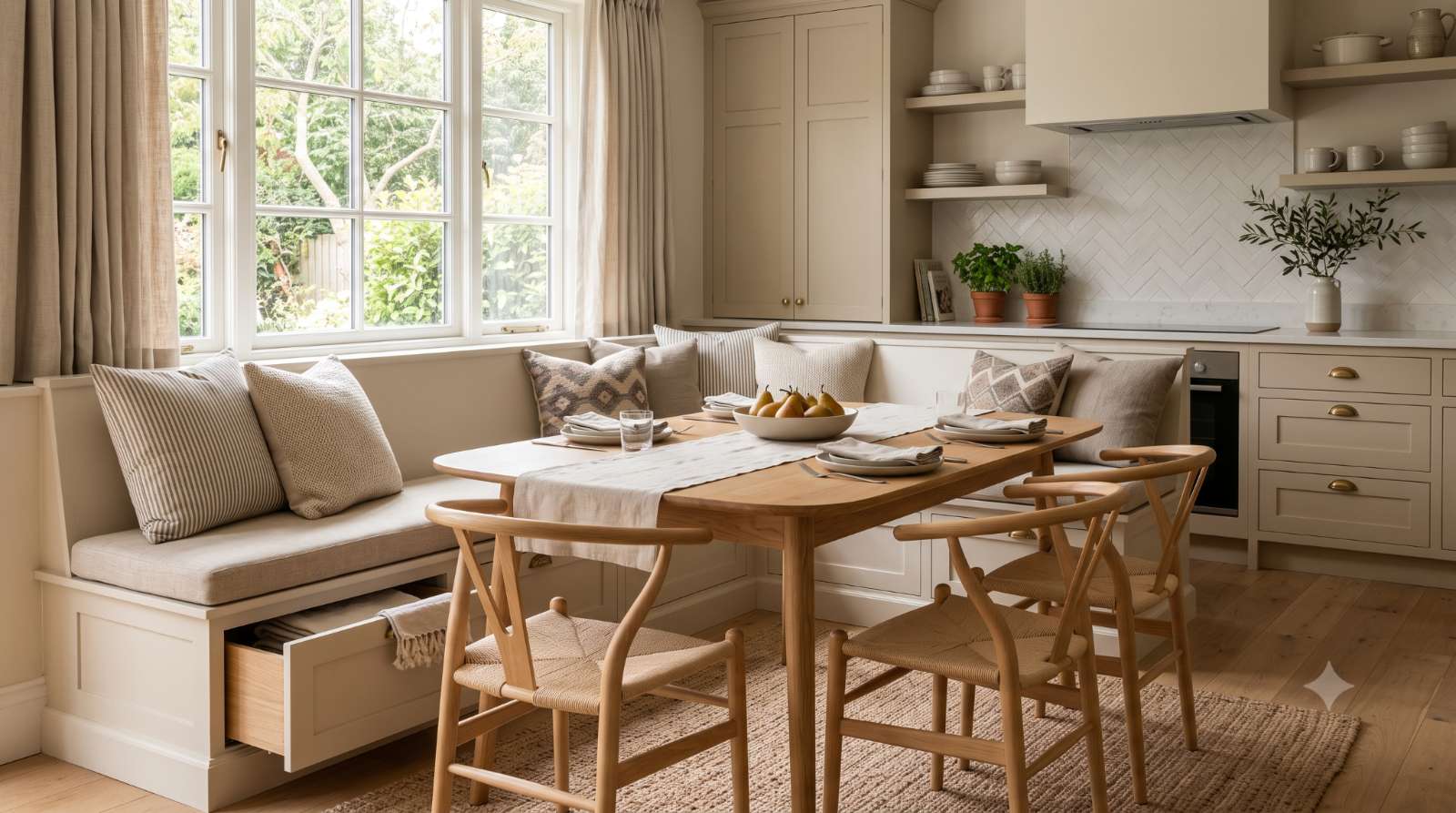 Realistic kitchen corner with built-in banquette bench seating, a dining table, and under-bench storage, creating a cozy space-saving dining area that seats more people comfortably.