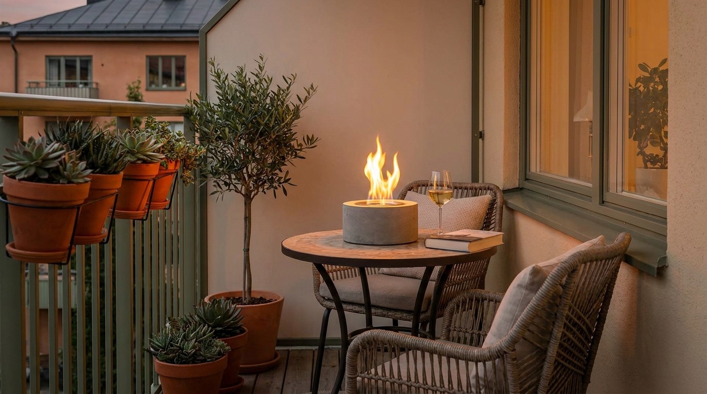 Mini tabletop fire pit on a heat-safe outdoor table in a cozy small patio or balcony setting.