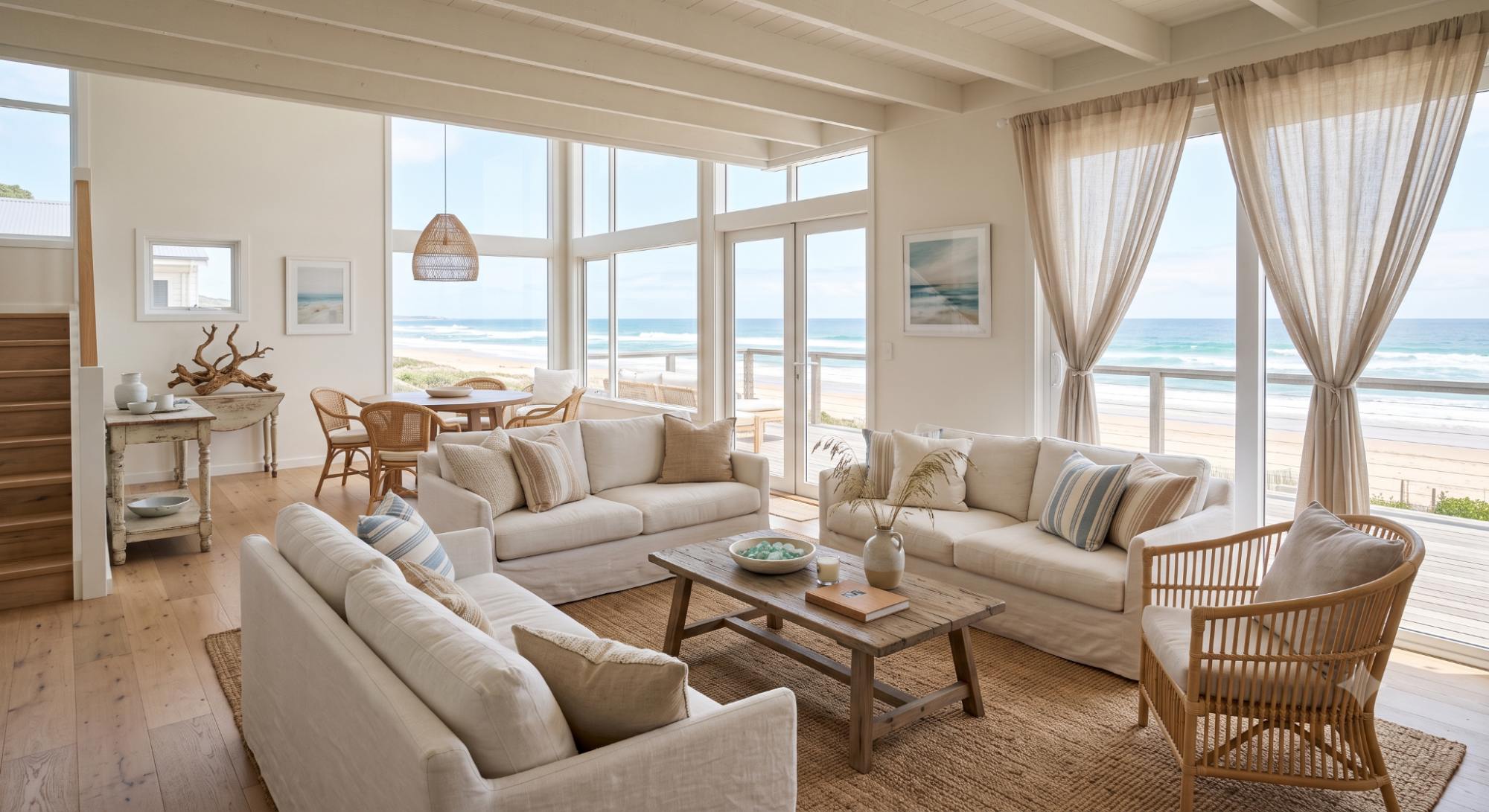Beach house interior design with airy white walls, natural textures, casual furniture, and soft coastal colors inspired by the sea and sand.