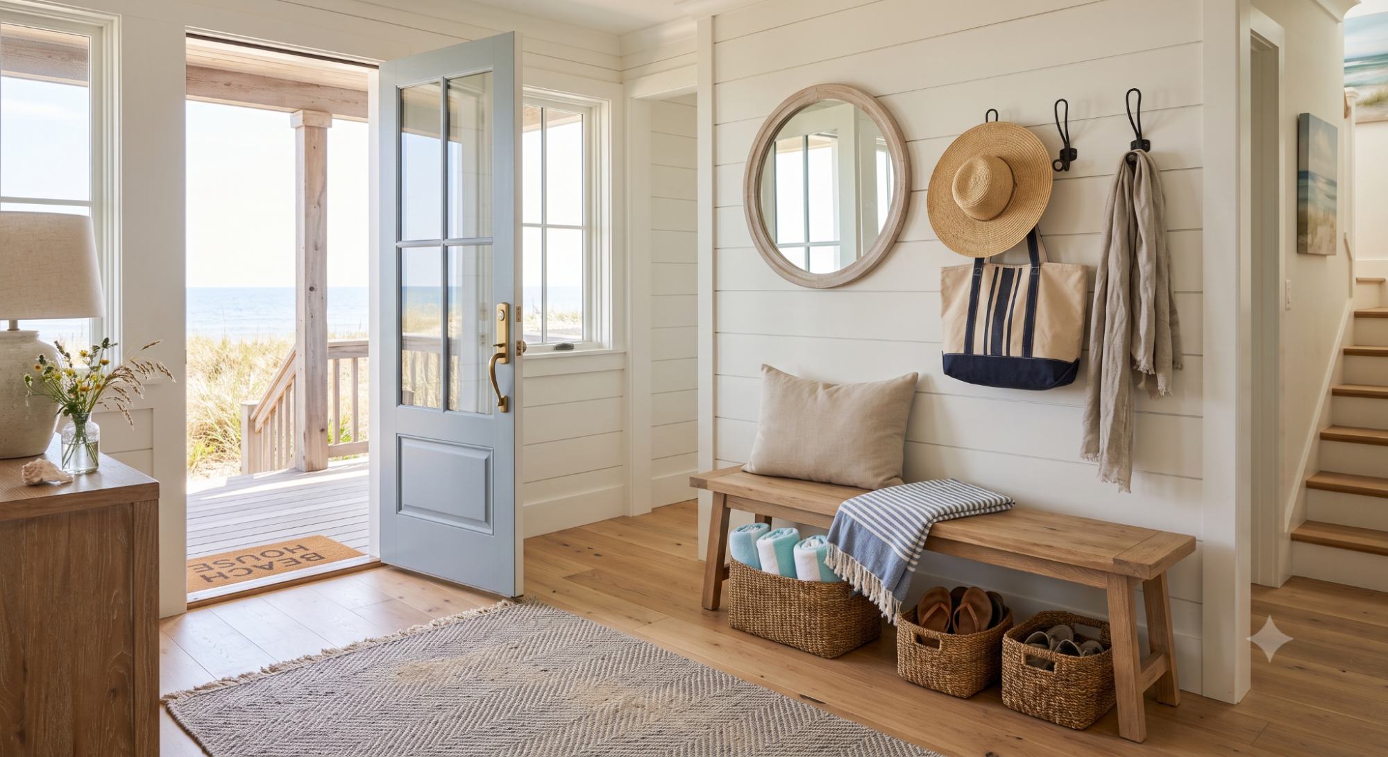 Beach house entryway with a simple bench, wall hooks, seagrass baskets, indoor-outdoor rug, mirror, and relaxed coastal styling.