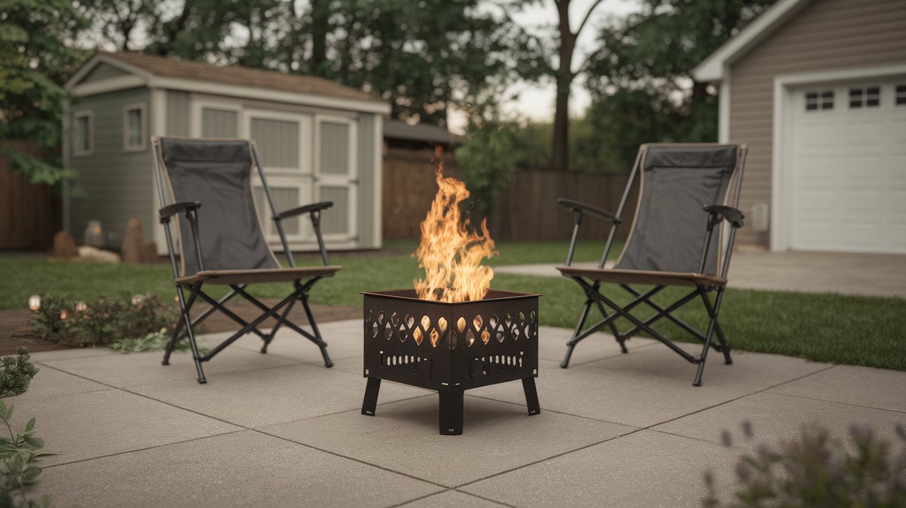 Budget-friendly portable metal fire pit with folding chairs in a simple cozy backyard setup.