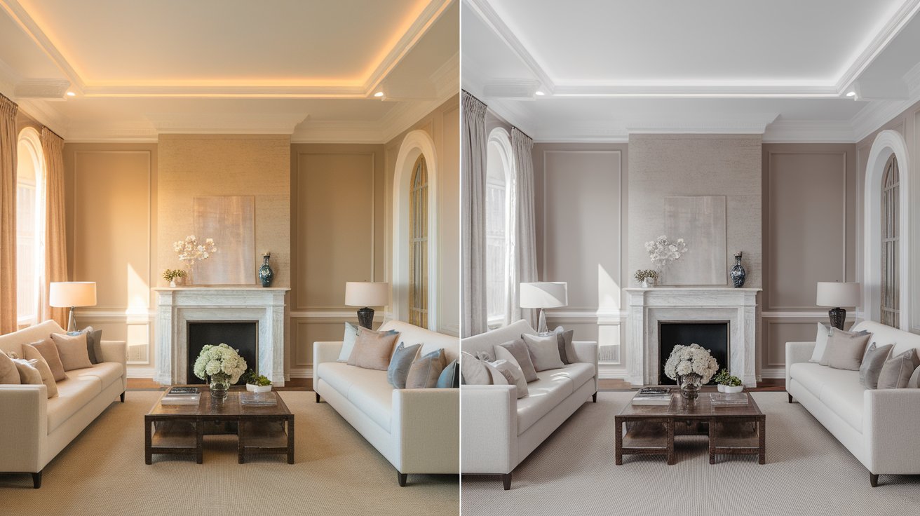 Side-by-side comparison of Benjamin Moore Revere Pewter walls under warm natural light and cool LED lighting, showing how its greige color and subtle green undertones shift with different light sources.