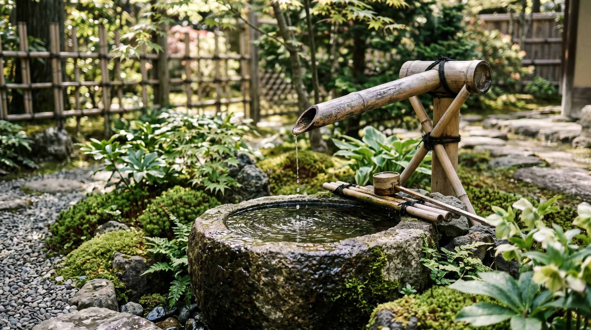 Bamboo water fountain with a stone basin and gentle water flow in a peaceful Japanese garden.
