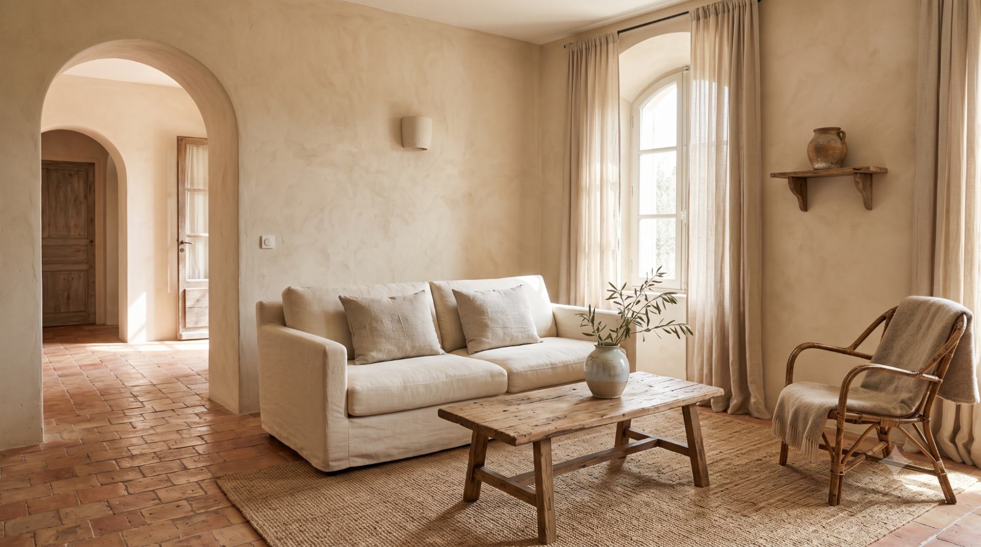 Warm minimalist Mediterranean living room with plaster walls, linen sofa, reclaimed wood table, rattan chair, jute rug, and simple ceramic decor.