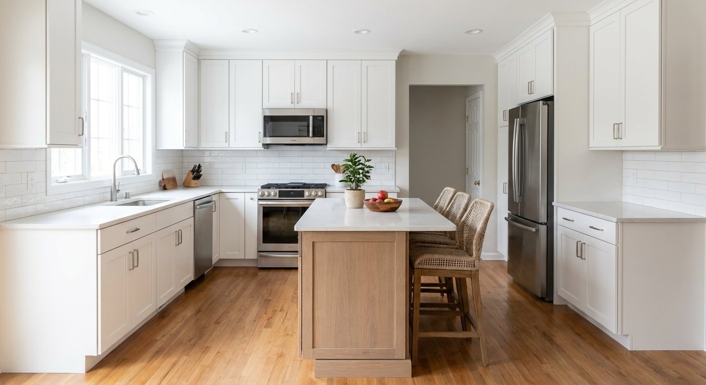 Modern kitchen with white cabinets, quartz countertops and stainless steel appliances.