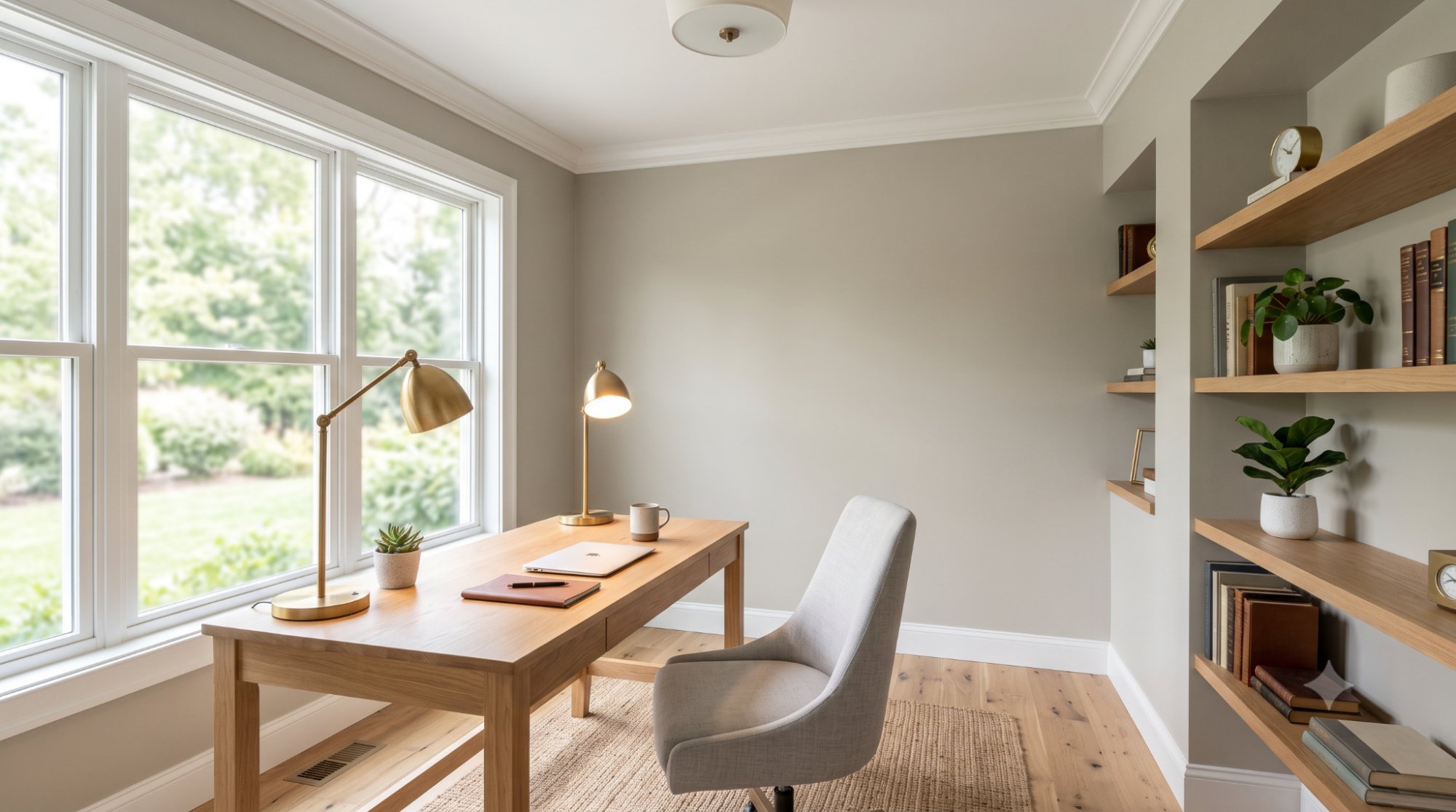 Bright home office with Benjamin Moore Revere Pewter walls, natural oak desk, warm desk lamp, large window, and white trim highlighting its calming warm greige color.