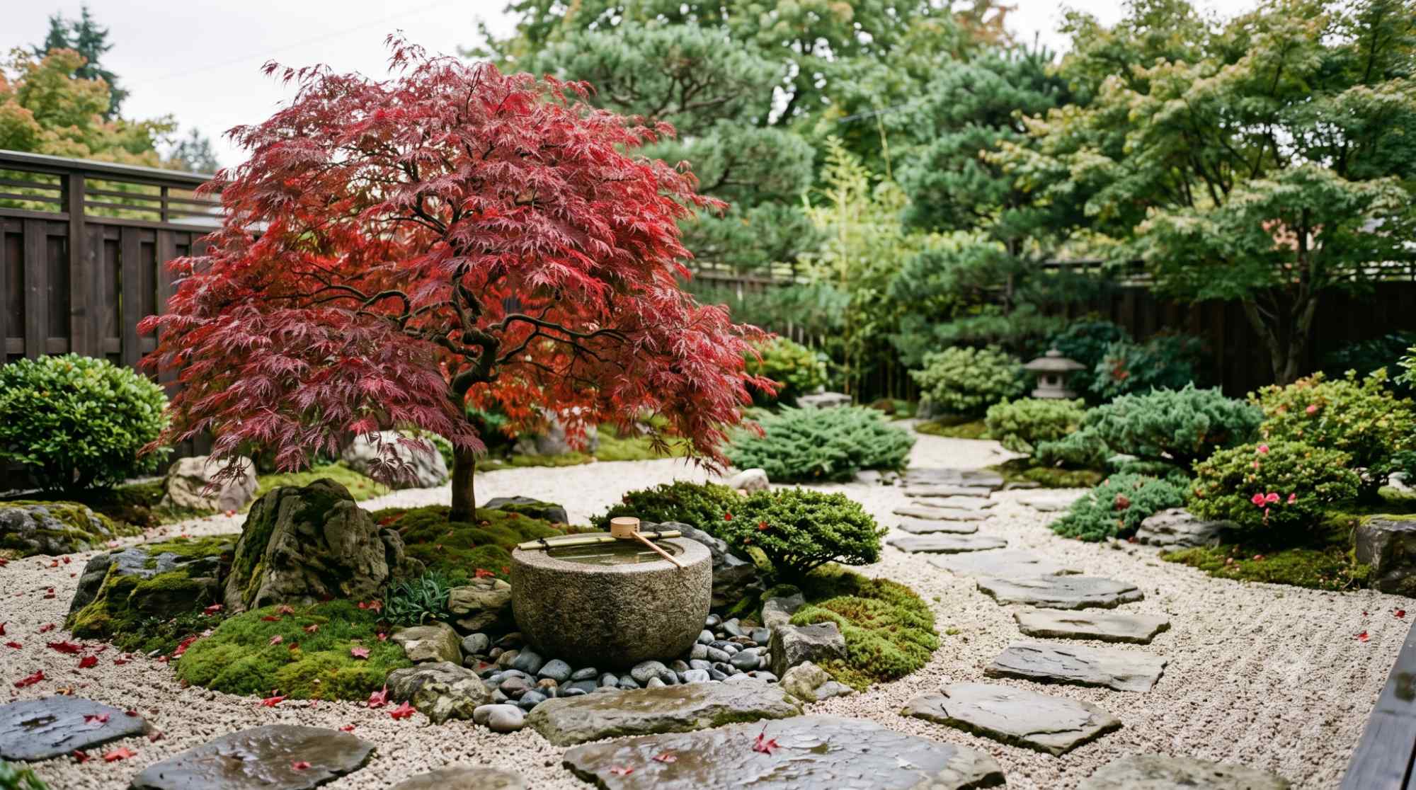 Japanese maple tree with red leaves planted beside gravel, stones, and water in a peaceful Japanese garden.