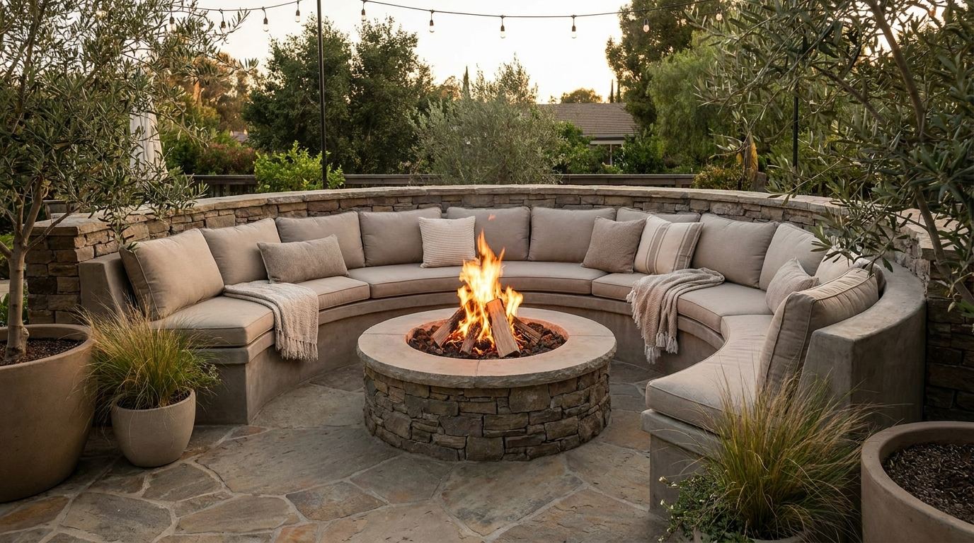 Fire pit with curved built-in bench seating and outdoor cushions in a cozy custom backyard setting.