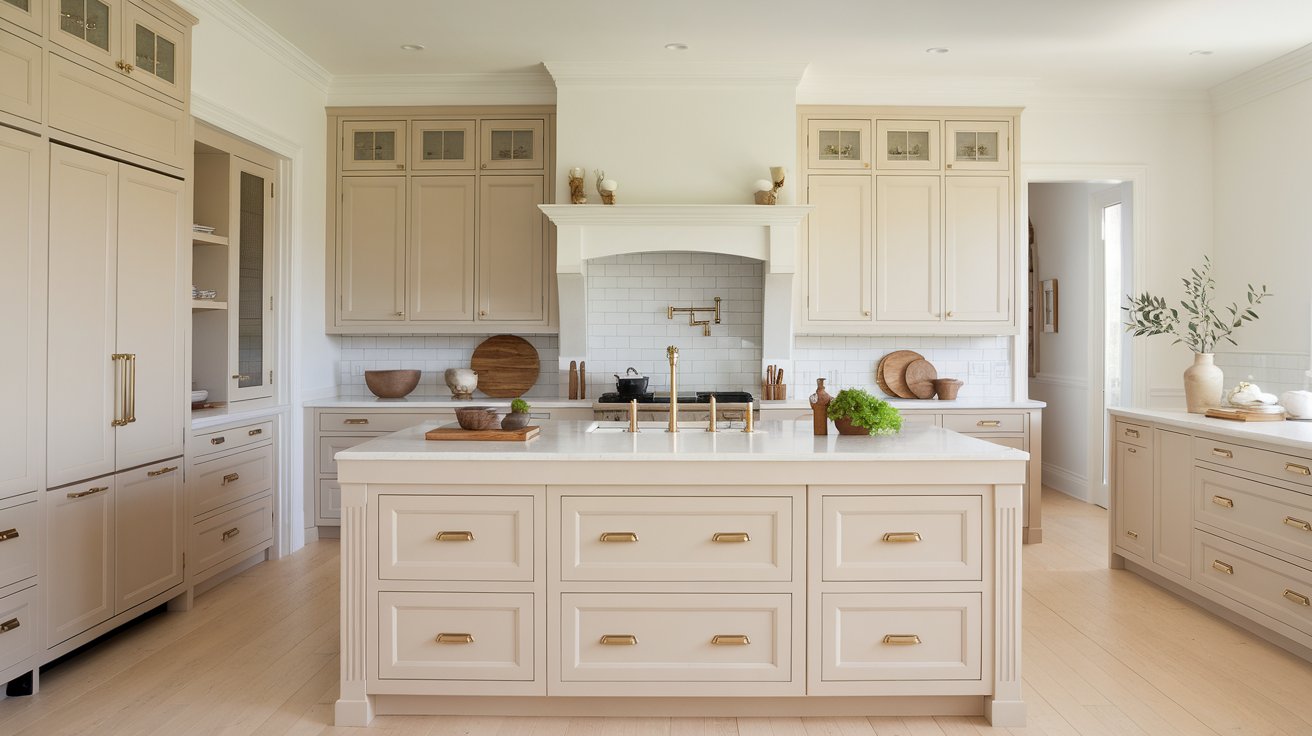 Kitchen with Benjamin Moore Pale Oak shaker cabinets, brushed brass hardware, warm white quartz countertops, and a handmade subway tile backsplash in natural daylight.