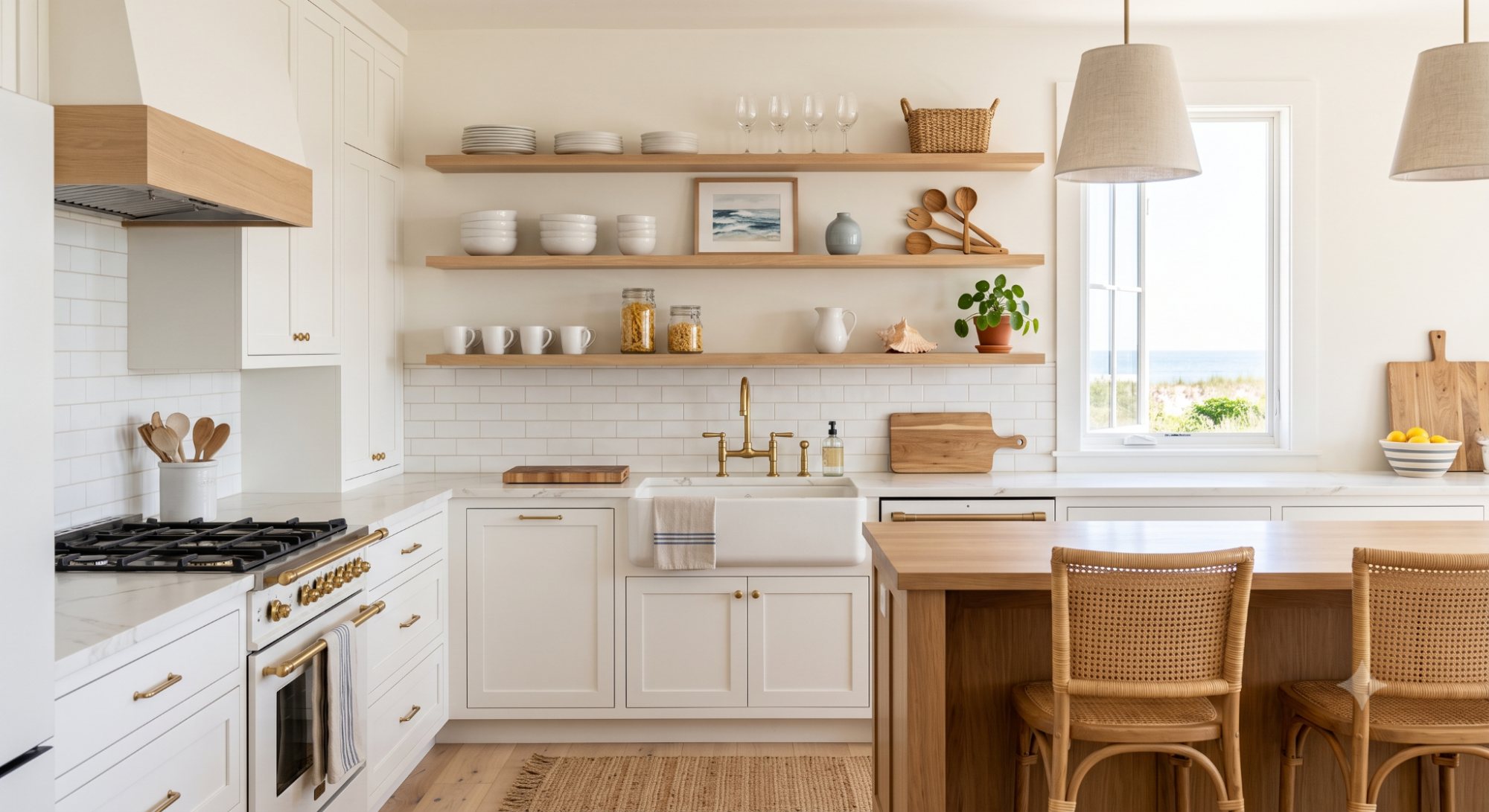 Beach house kitchen with open shelves styled with white dishes, glassware, wood bowls, a small plant, and simple coastal accents.