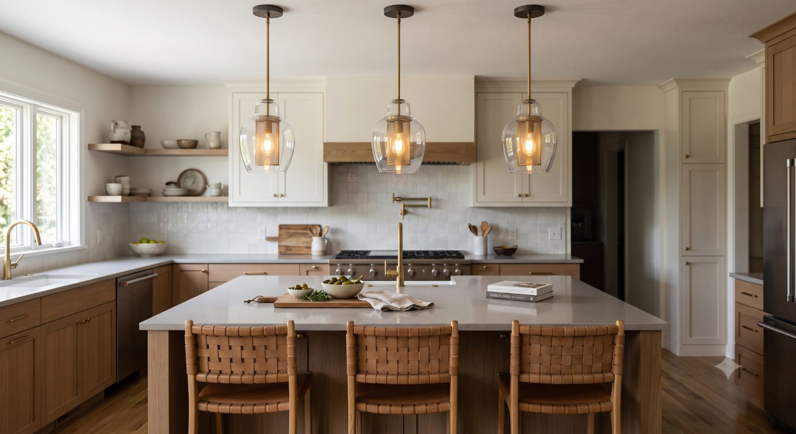 Realistic modern kitchen with pendant lights hanging over the island, showing focused task lighting and a stylish focal point above a clean workspace.