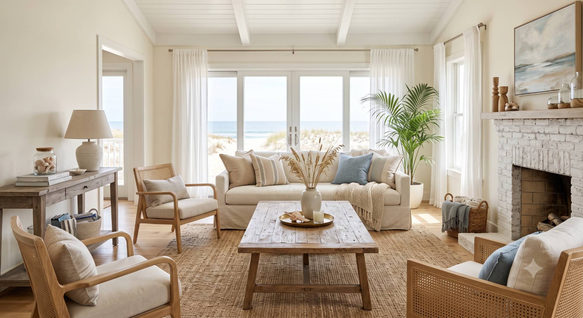 Beach house interior with weathered wood furniture, white walls, soft fabrics, natural light, and relaxed coastal styling.