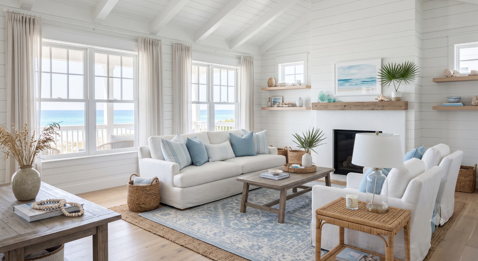 Beach house interior with a soft blue and white color palette, relaxed furniture, natural light, and simple coastal styling.