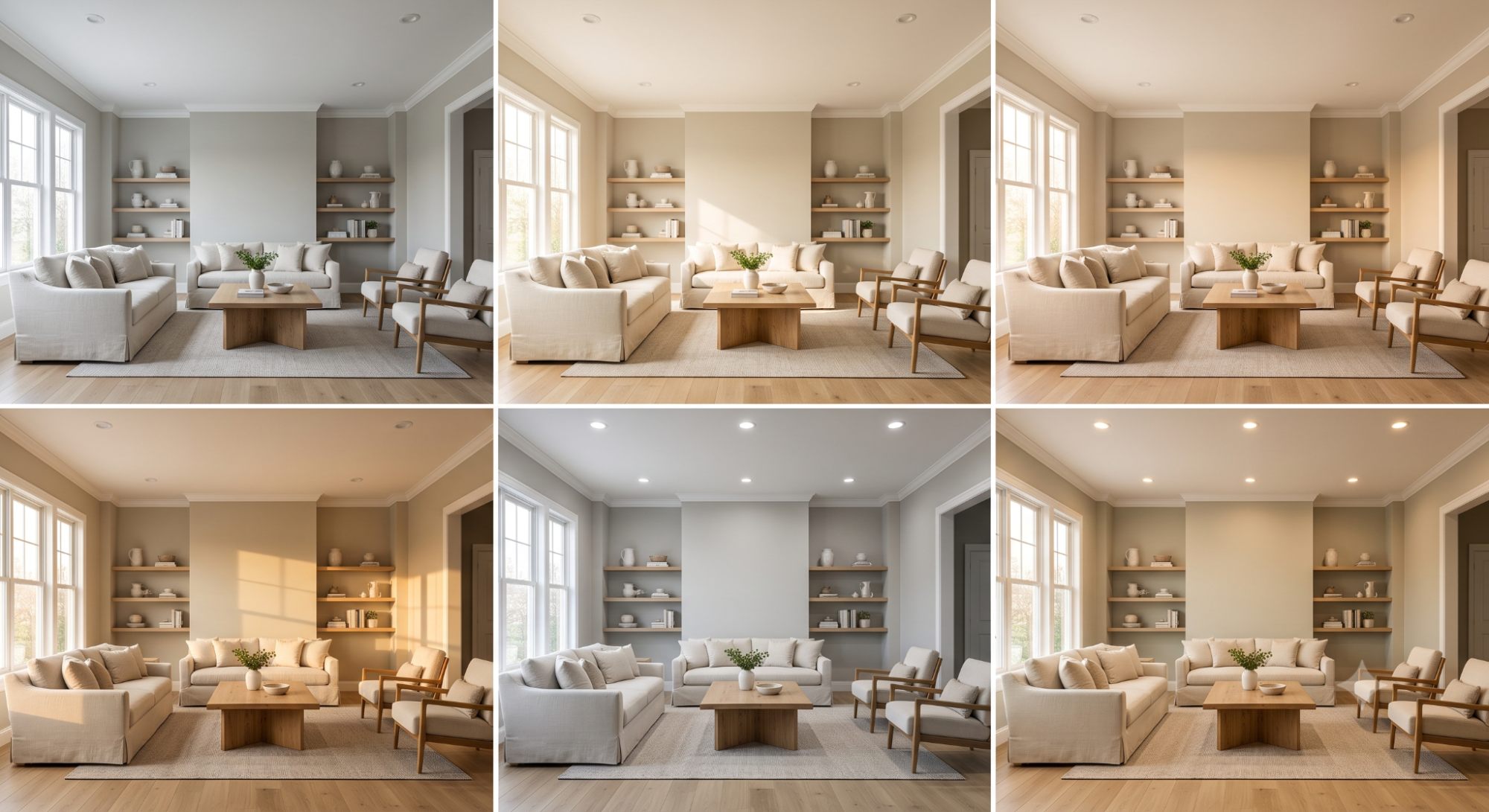 Six realistic comparisons of Benjamin Moore Revere Pewter showing how the paint color changes in north-, south-, east-, west-facing rooms and under cool and warm LED lighting.
