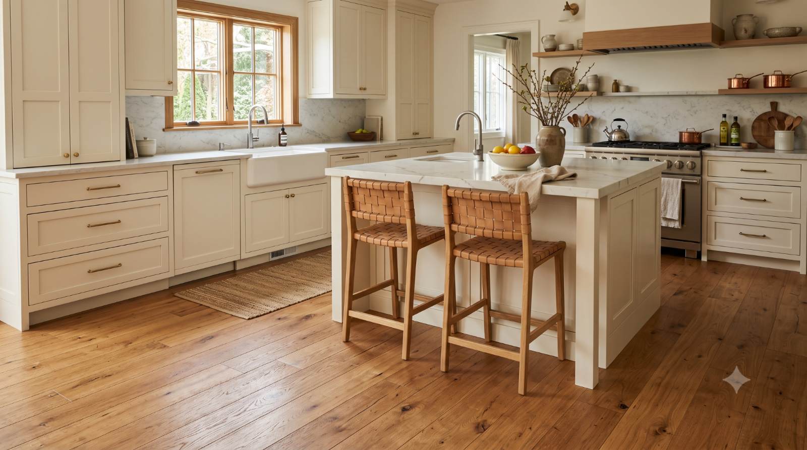 Realistic kitchen with warm oak or maple hardwood flooring, showing a durable and beautiful wood floor that adds warmth and can last for years with proper care.