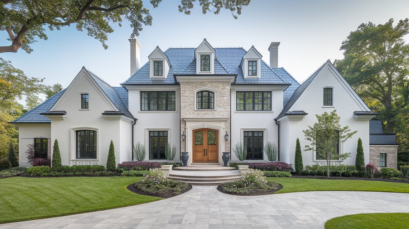 Luxury home with a blue-gray slate roof and light gray siding showcasing an elegant roof color that creates a timeless and sophisticated appearance.