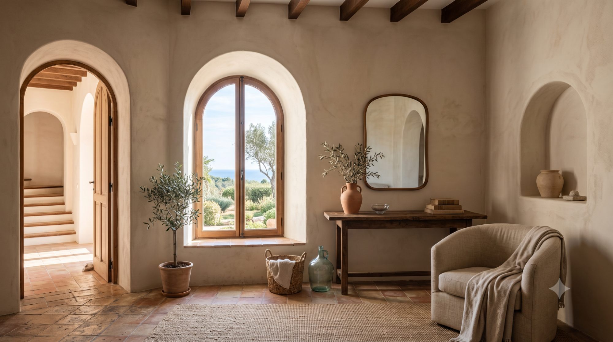 Mediterranean room with arched doorway, arched window, wall niche, rounded mirror, curved chair, warm plaster walls, and terracotta tile floor.