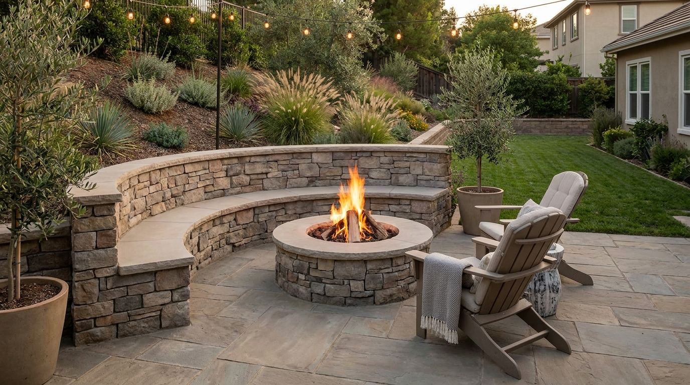 Fire pit with retaining wall seating, paver patio, string lights, and surrounding greenery in a cozy backyard.