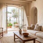 Bright Mediterranean living room with warm plaster walls, linen sofa, reclaimed wood table, and an arched doorway opening to a sunny terrace.