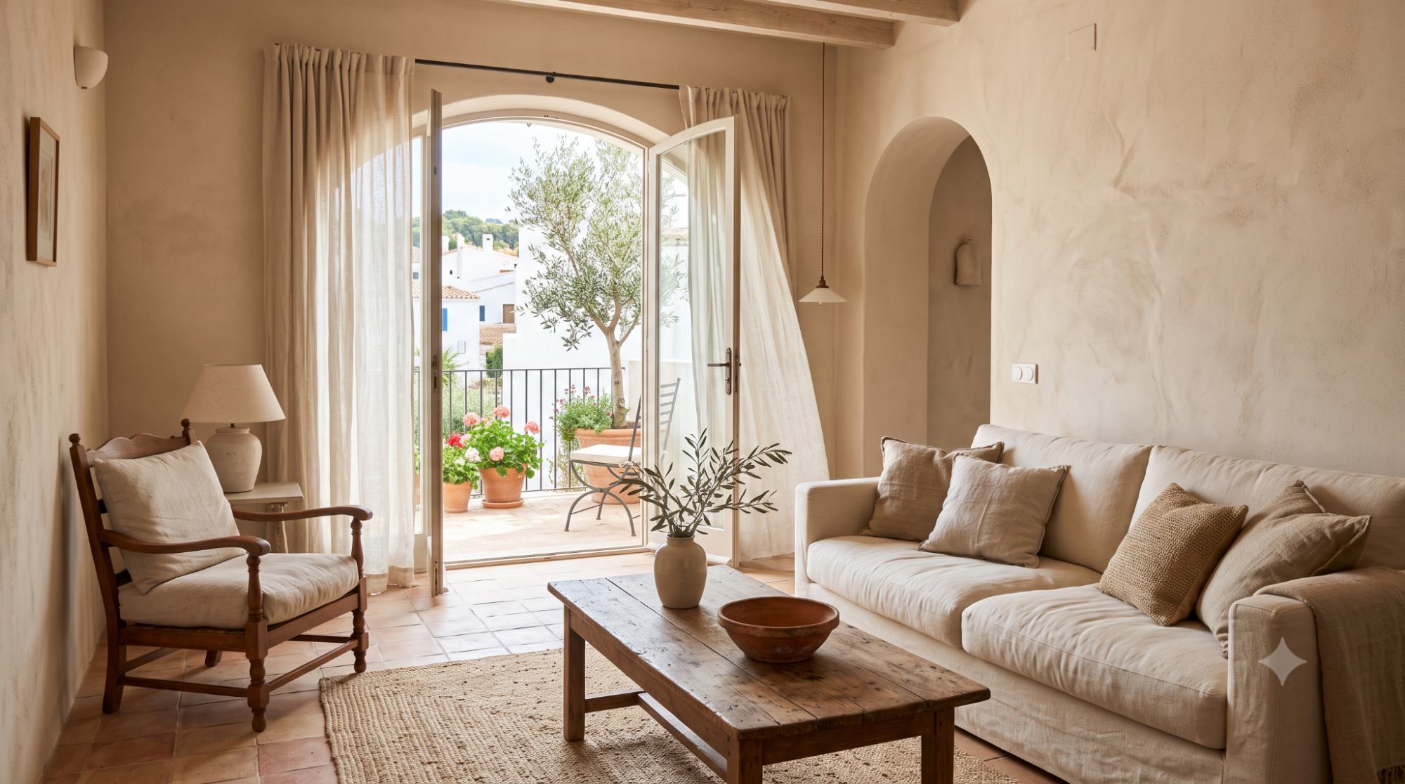 Bright Mediterranean living room with warm plaster walls, linen sofa, reclaimed wood table, and an arched doorway opening to a sunny terrace.