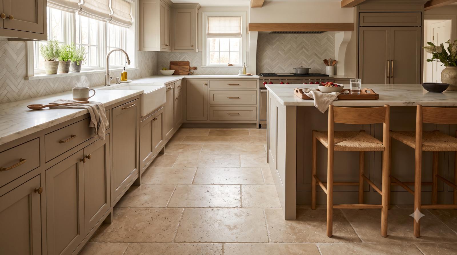 Realistic kitchen with warm tile or stone floors, showing a cozy radiant heated flooring design that makes cold mornings more comfortable.