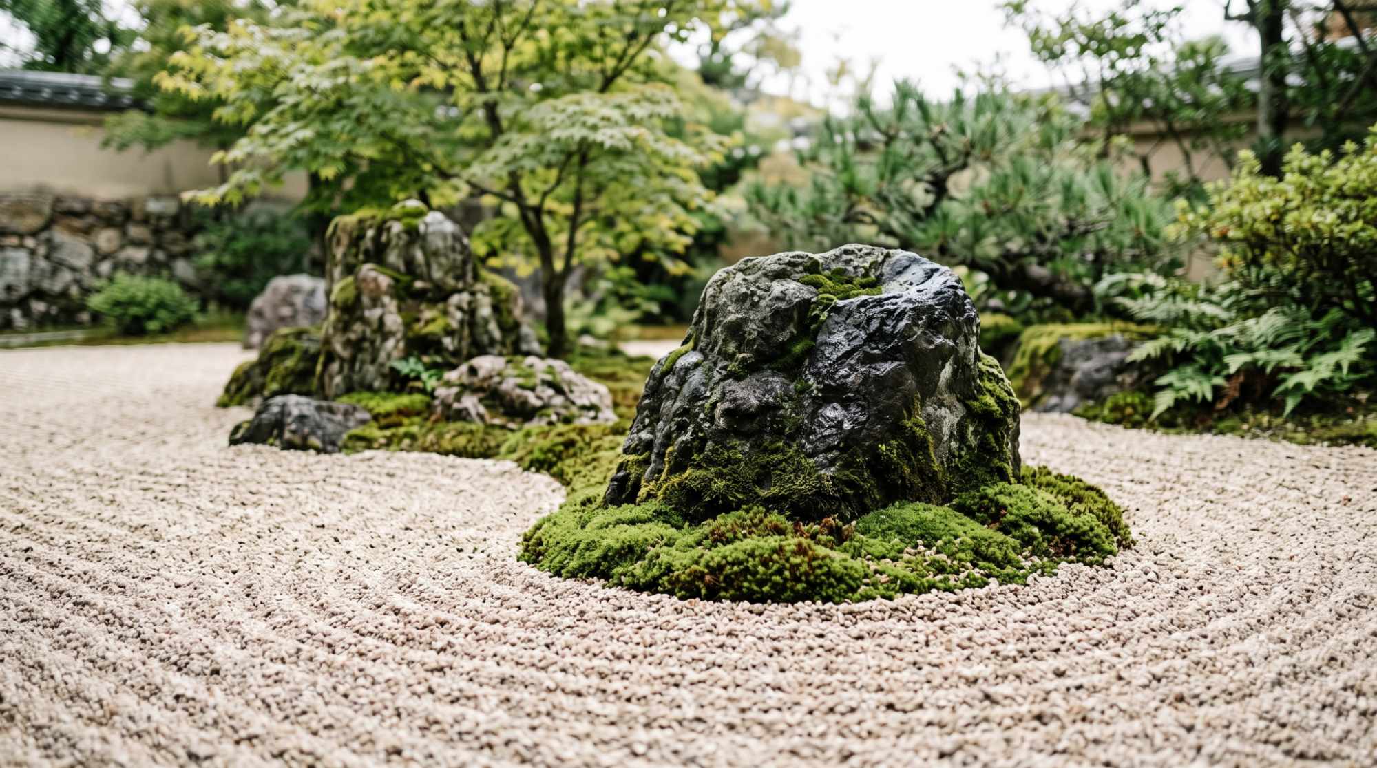 Zen garden ideas with raked gravel, natural stones, and moss in a peaceful Japanese garden.