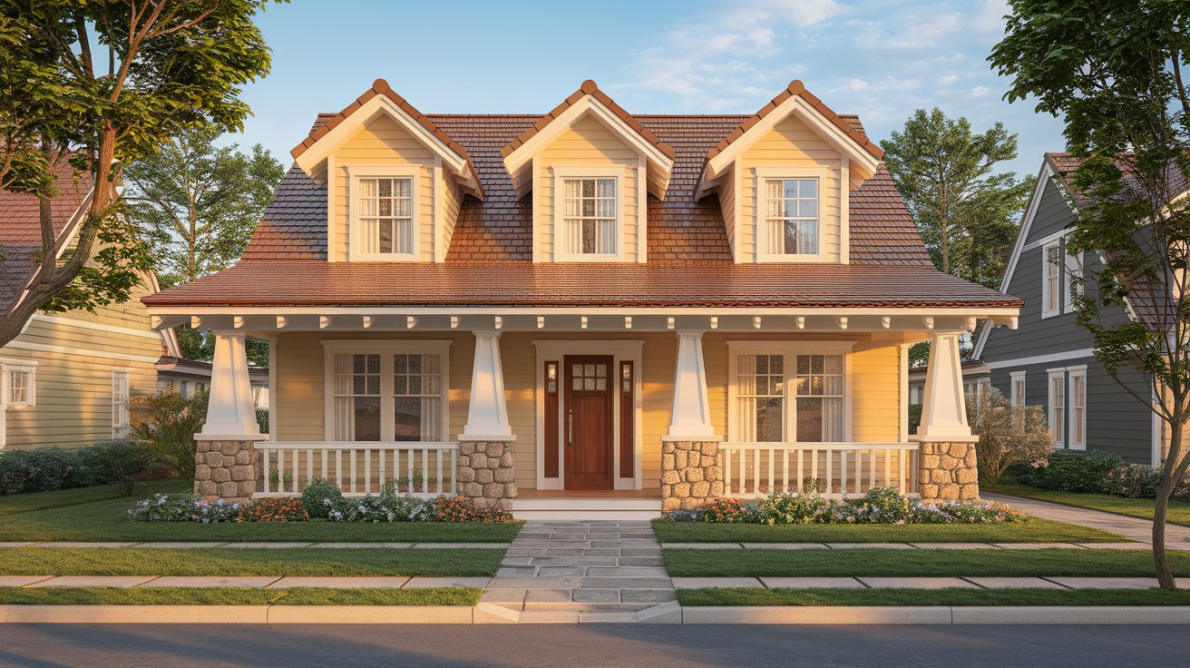 Craftsman-style home with a warm brown architectural shingle roof and cream siding showing how a brown roof complements earth-tone exteriors and natural stone accents.