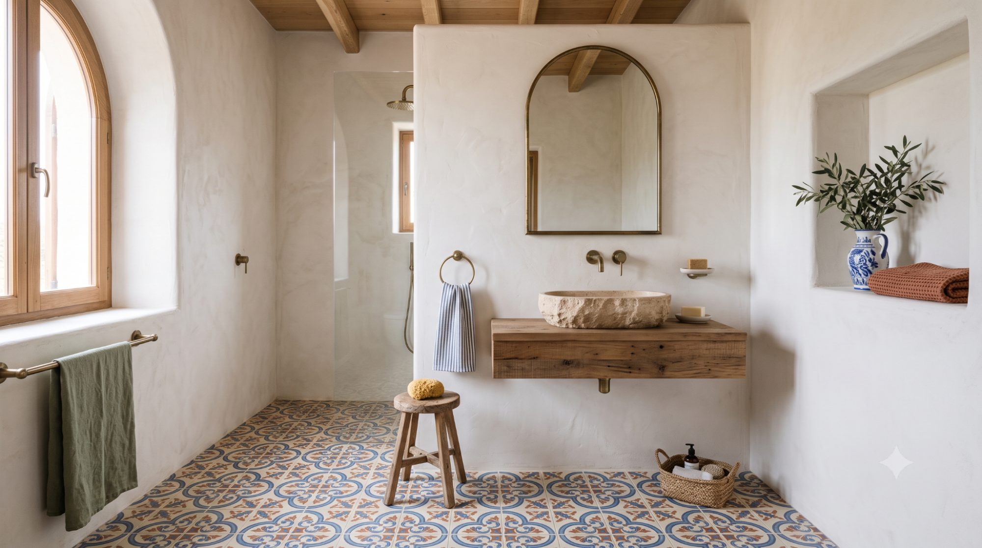 Mediterranean bathroom with plaster-look walls, patterned floor tile, arched mirror, stone sink, brass fixtures, and subtle blue or terracotta accents.