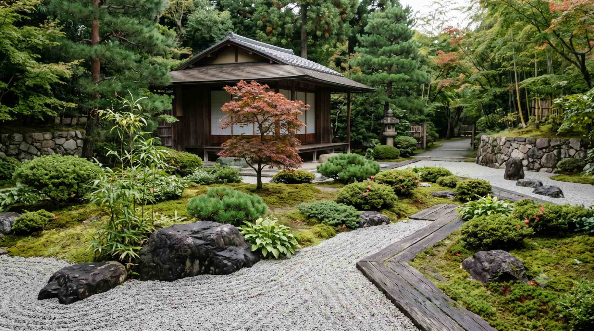 Japanese garden with a limited color palette of greens, grays, browns, gravel, stones, moss, and subtle maple leaves.