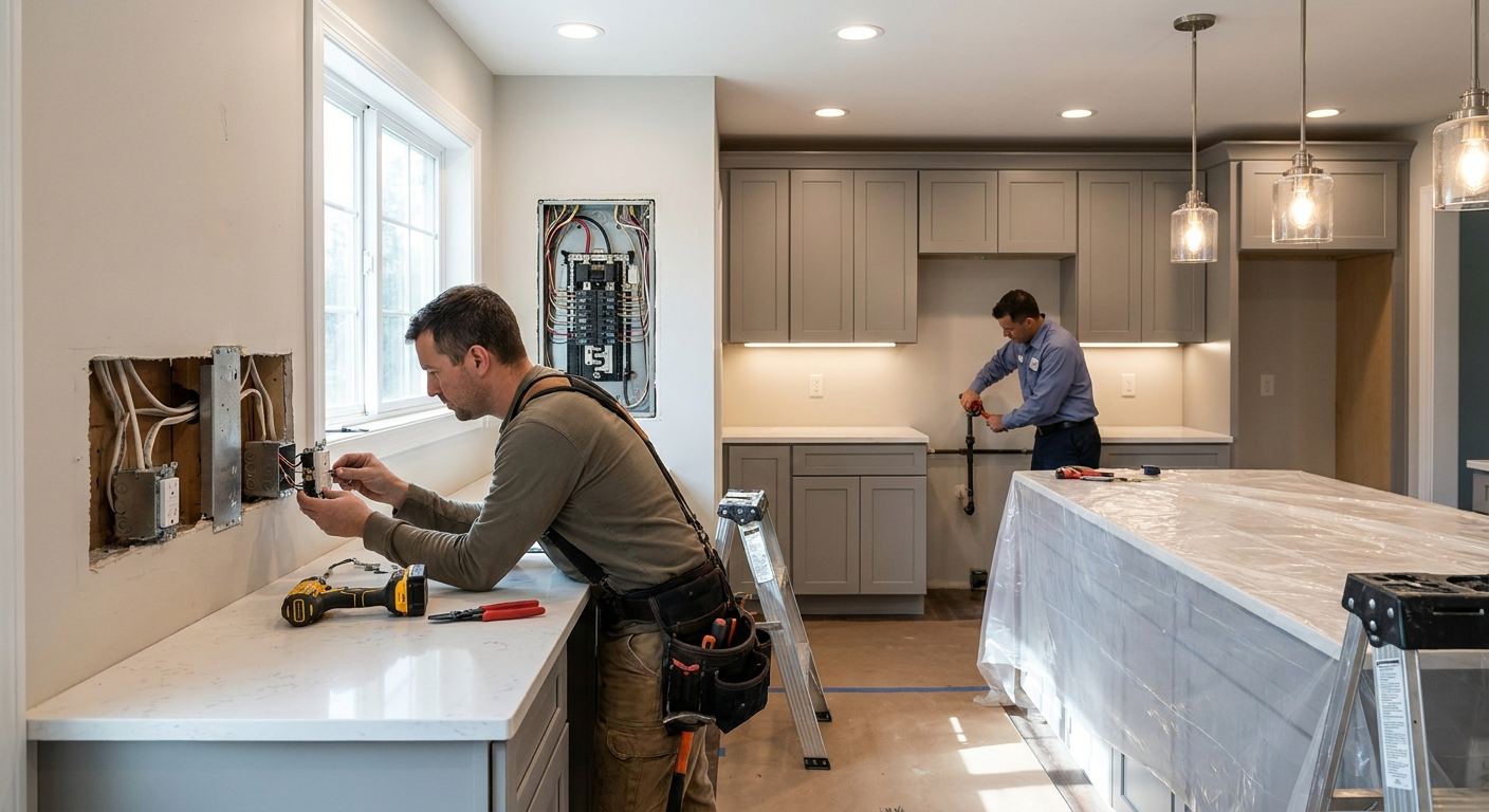 Licensed electrician upgrading kitchen wiring, GFCI outlets, recessed lighting and appliance connections during a remodel.
