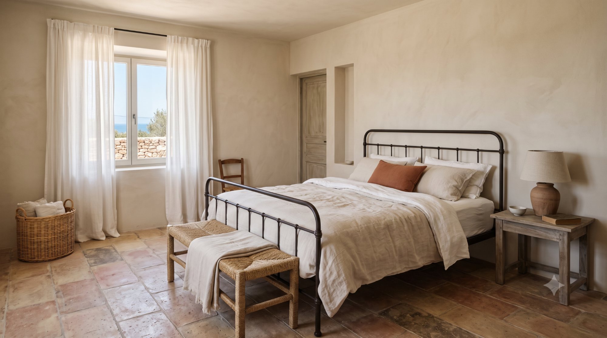 Mediterranean bedroom with soft white bedding, iron bed frame, linen curtains, clay lamps, woven bench, warm neutral walls, and a terracotta accent pillow.