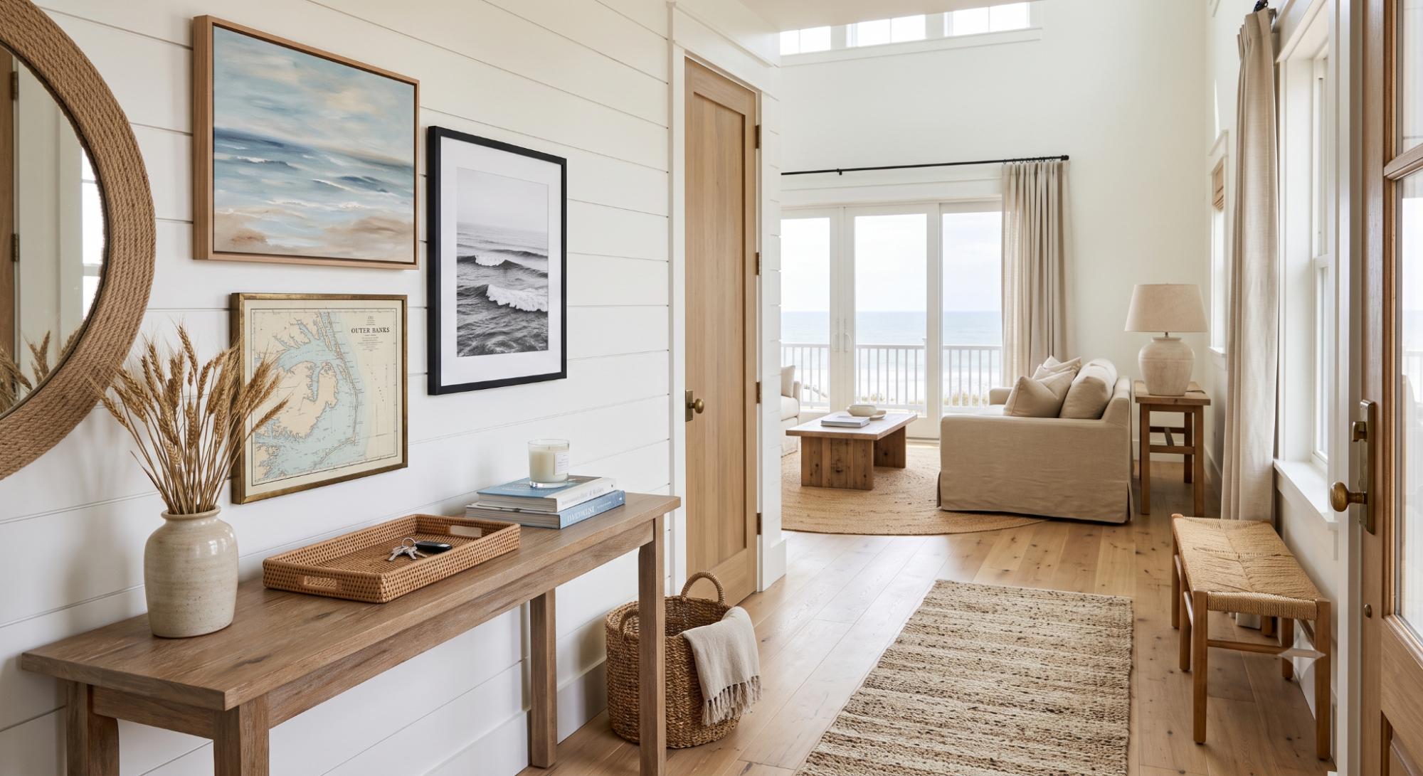 Beach house interior with coastal artwork, simple frames, white walls, natural textures, and soft seaside-inspired colors.