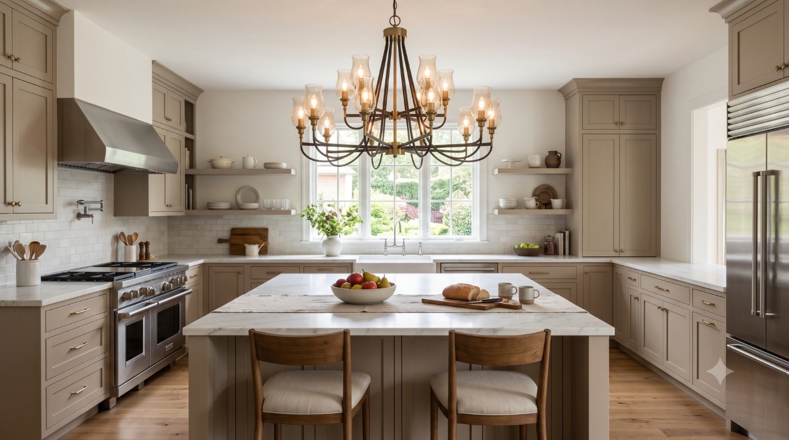 Realistic elegant kitchen with a statement chandelier above the island or dining area, adding warm light, style, and a beautiful focal point for cooking and gathering.