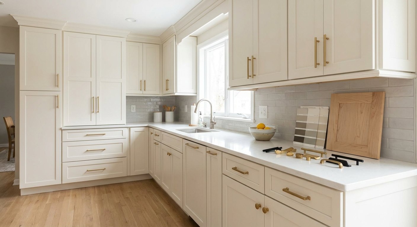 Remodeled kitchen with semi-custom cabinets, coordinated hardware and cabinet finish samples.