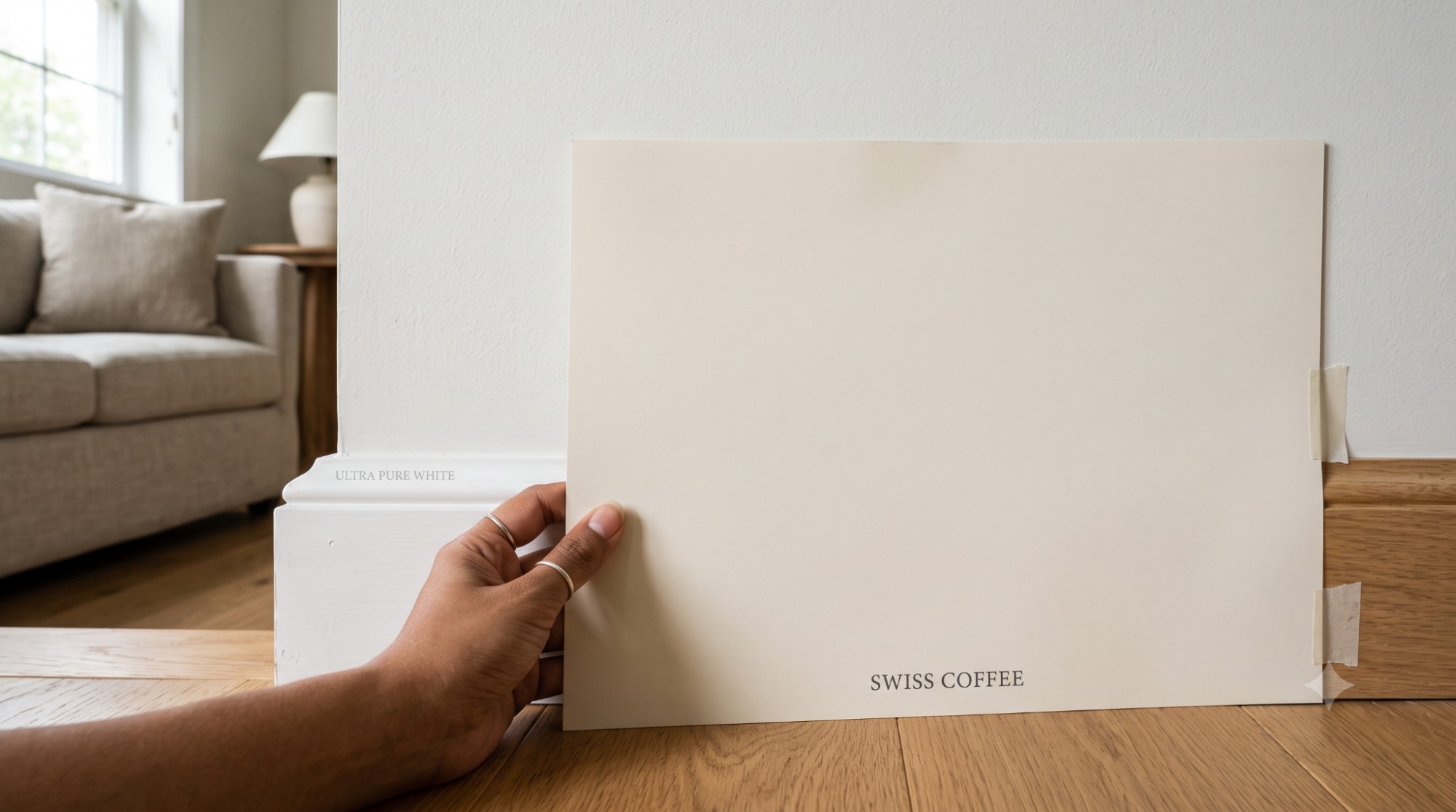 Hand holding a Swiss Coffee paint sample against a wall near trim and warm wood flooring.